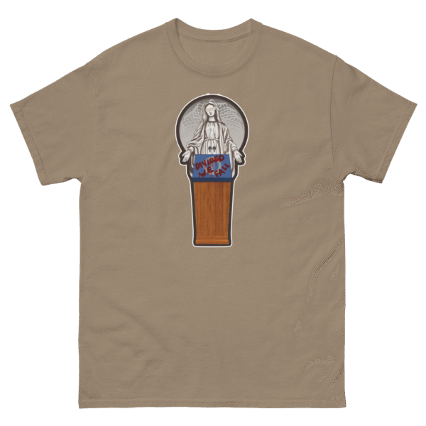 T-shirt with a blindfolded statue behind a podium with 'Divided We Fall' graffiti.