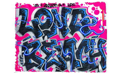 Colorful graffiti art with bold letters and vibrant blue and pink accents.