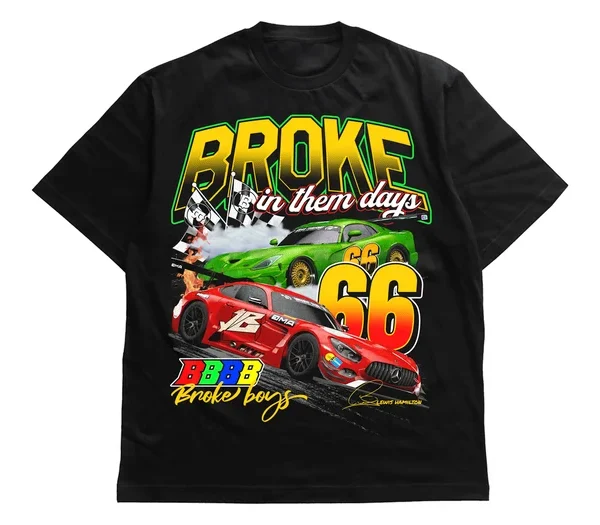 Black T-shirt with vibrant racing car graphics and bold text.
