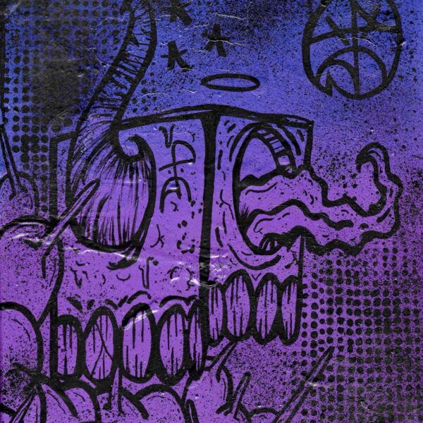 Abstract purple graffiti featuring a distorted skeletal face and basketball.