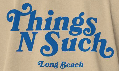 Blue text on beige background reading 'Things N Such Long Beach'.