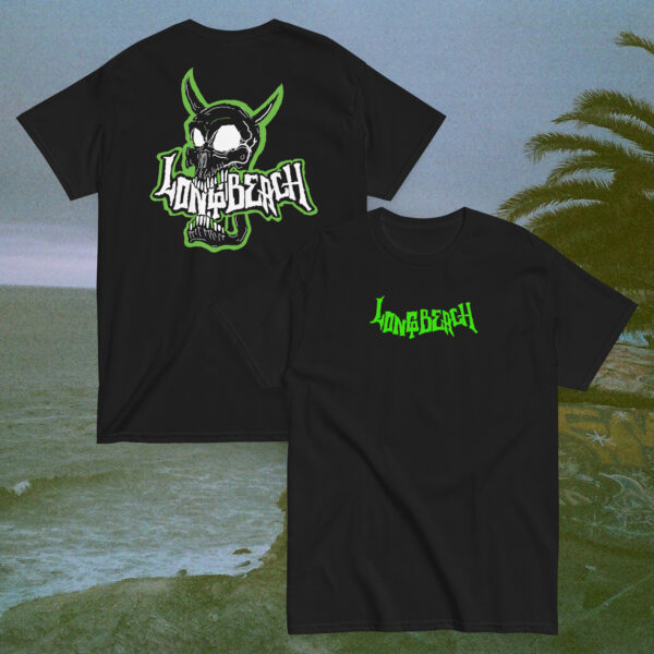 Black t-shirts with a green and white graphic design and logo.