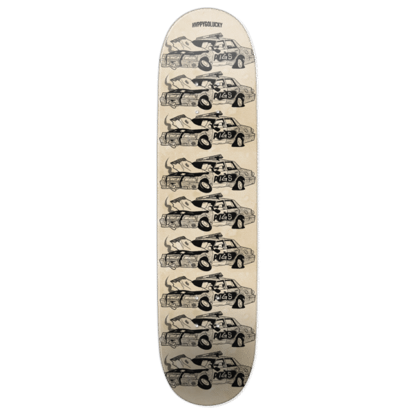 Skateboard deck featuring repeated vintage car illustrations.