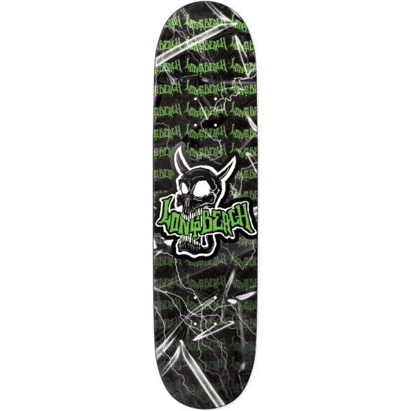 Skateboard deck with a dark, edgy design featuring a skull and green text.