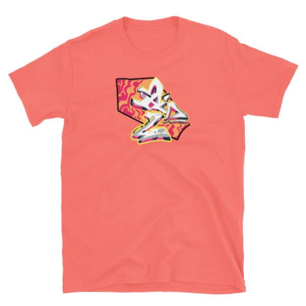 Red T-shirt with a colorful graffiti-style design of the state of Missouri.