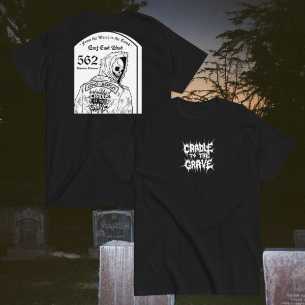 Black T-shirt with a vintage postage stamp design and bold white text.