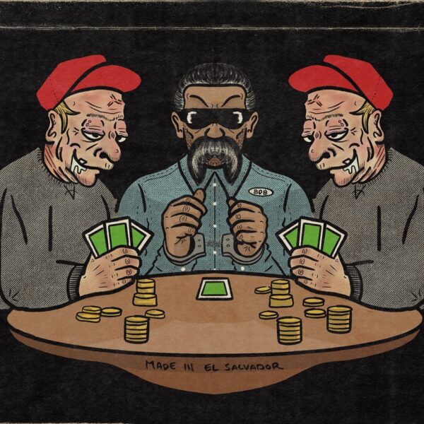 Three characters playing cards, two with red berets and one with sunglasses.