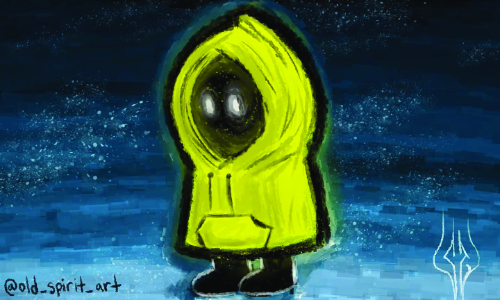 A person in a yellow hooded raincoat with a reflective face in a dark, rainy environment.