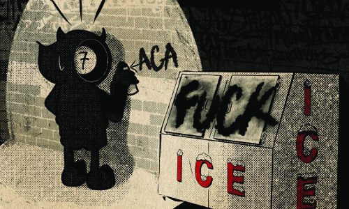 Graffiti artist spray-paints on a wall near a dumpster labeled 'FUCK ICE'.