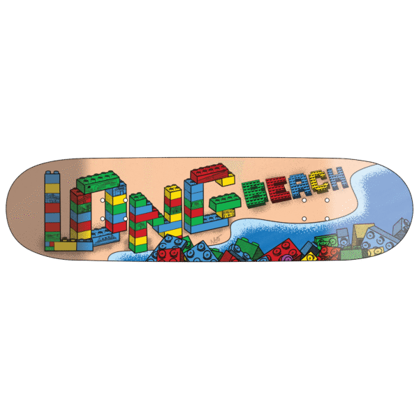 Colorful skateboard deck with 'Long Beach' and cityscape design.