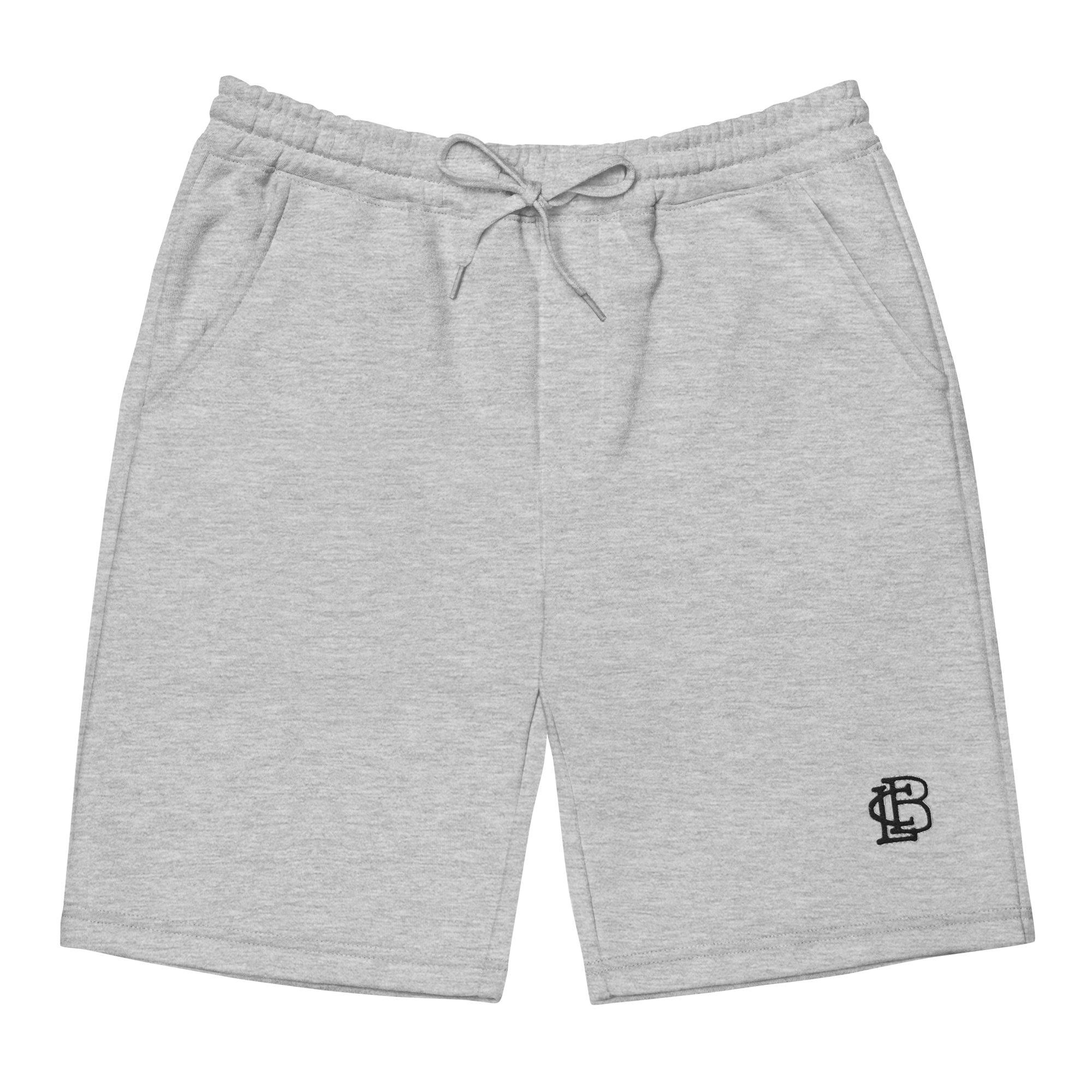 Light gray drawstring shorts with a small embroidered logo on the leg.