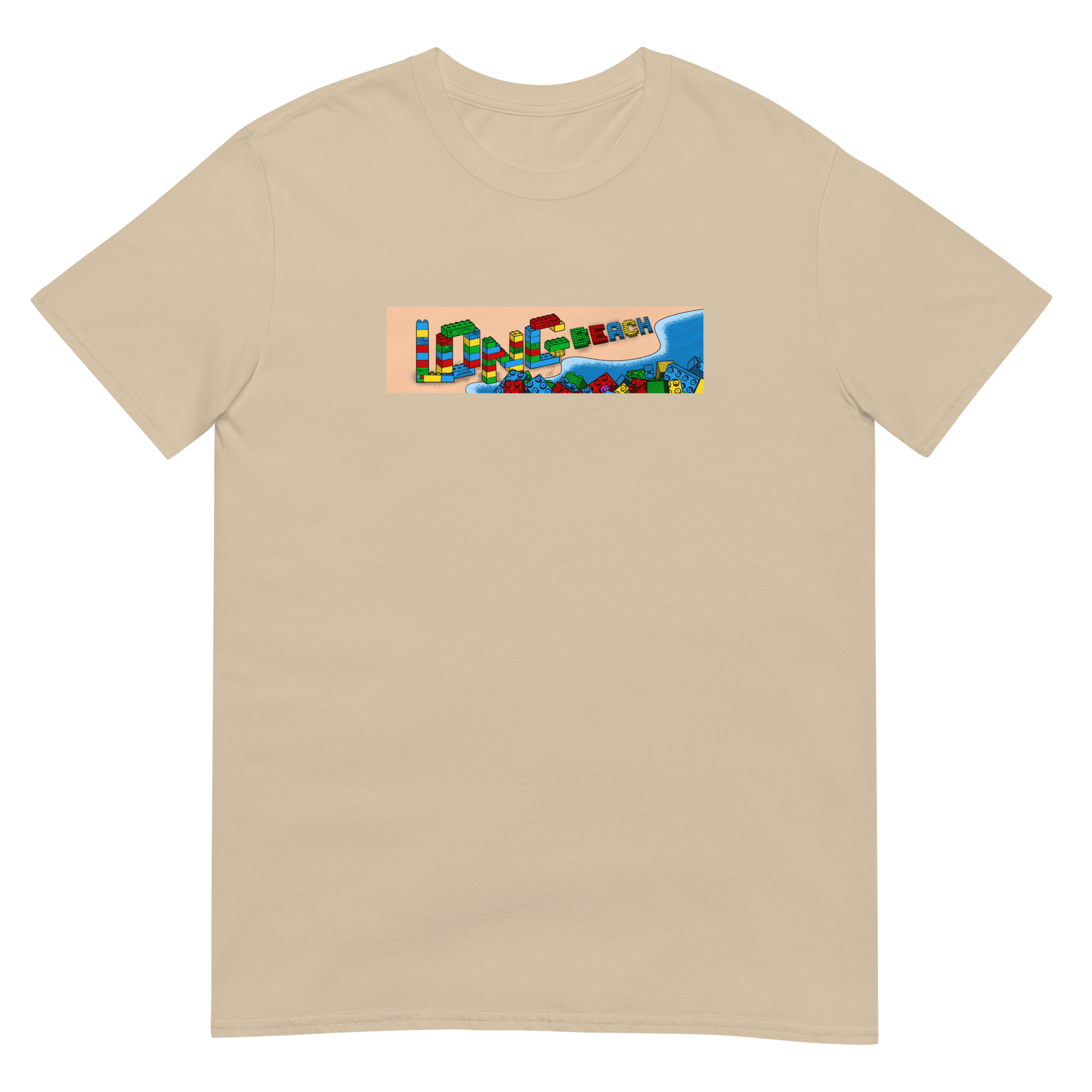 Beige T-shirt featuring a colorful abstract design on the chest area.