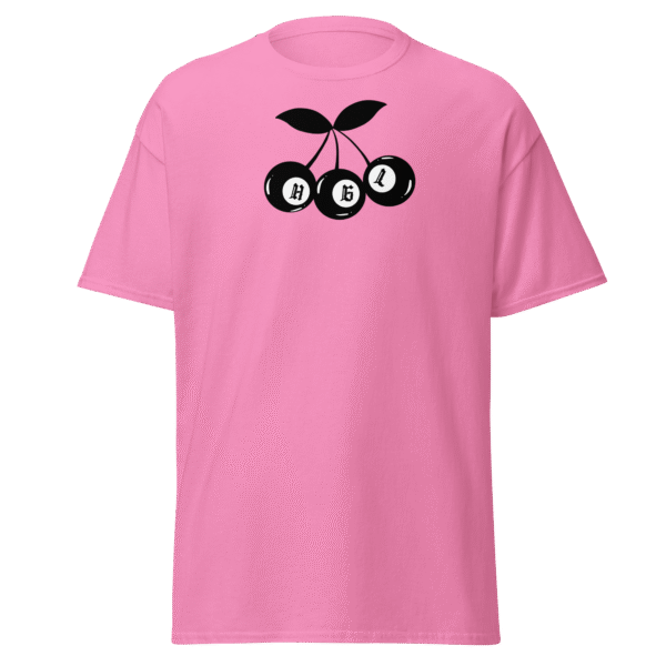 Pink t-shirt with a black and white graphic of a sprouting seed and eyes.