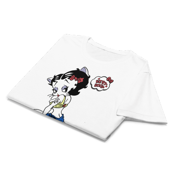 White T-shirt featuring a cartoon character with a speech bubble.