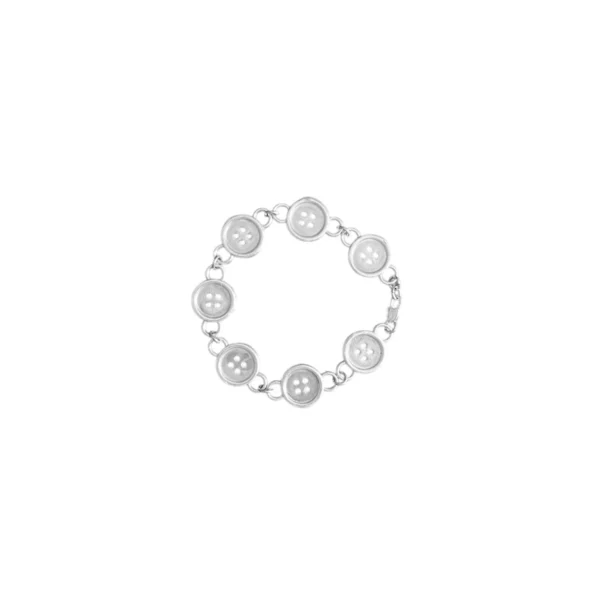 Elegant silver bracelet with circular charms on white background.