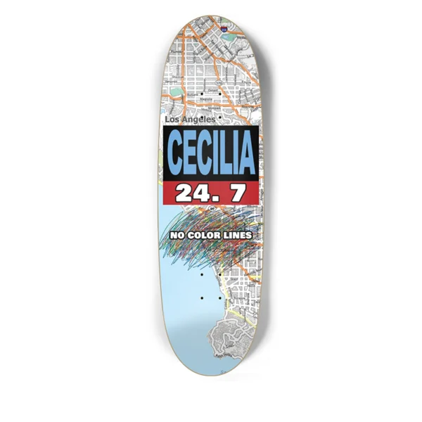 Skateboard deck with a map design and text 'CECILIA 24.7'.