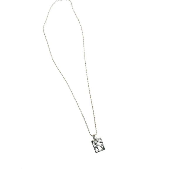 Elegant silver necklace with a rectangular pendant.