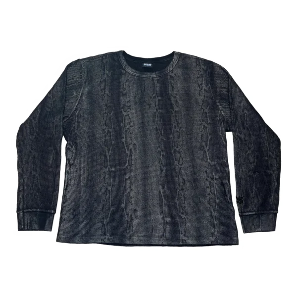 Black long-sleeve crewneck sweater with a textured pattern.
