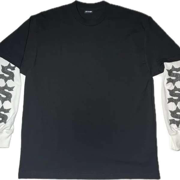 Black T-shirt with white and gray graphic designs on the sleeves.