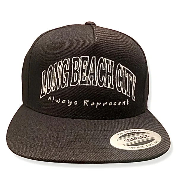 Black snapback hat with 'Long Beach City' text.