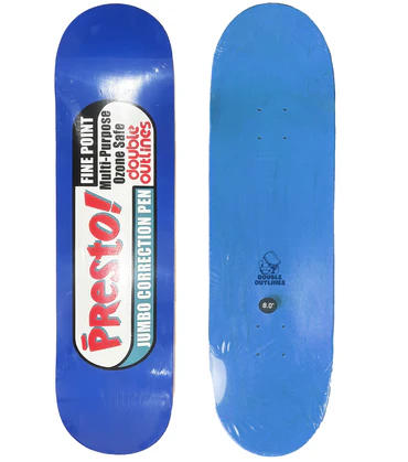 Blue Preston skateboard deck with bold black and red logo.