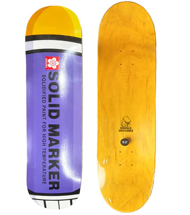 A skateboard deck designed like a purple and yellow solid marker.