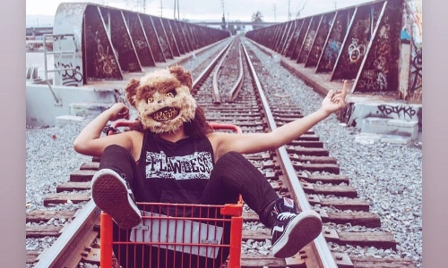 Person wearing a furry animal mask sitting on a shopping cart on train tracks.