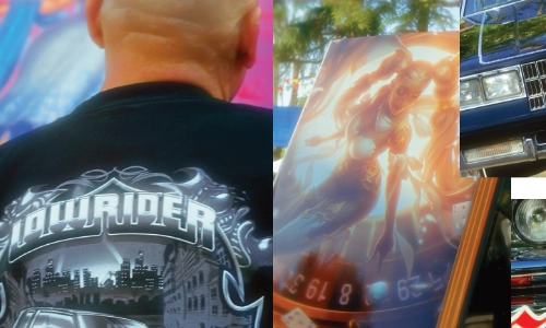 Two close-up shots of shirts with graphic designs in outdoor settings.