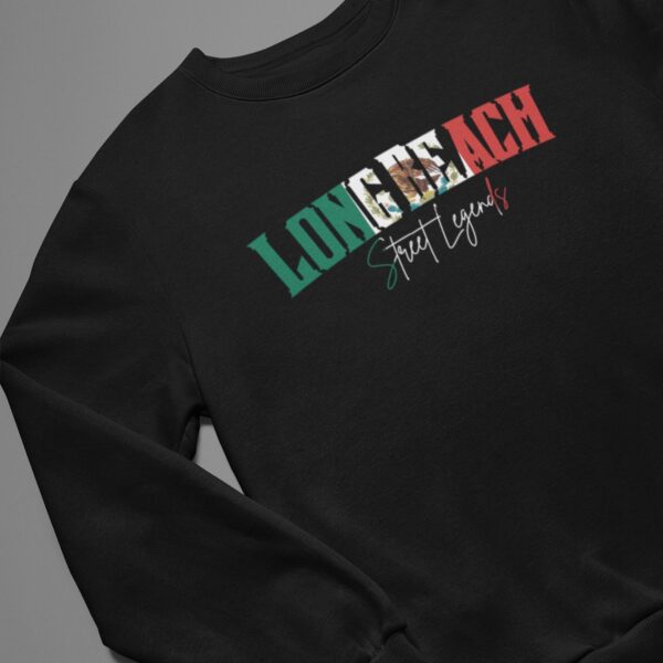 Black sweatshirt with colorful 'LONG BEACH' text and cursive writing below.