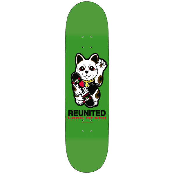 Green skateboard deck featuring a lucky cat graphic and 'Reunited' text.