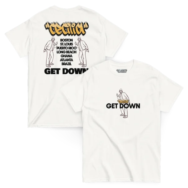 White t-shirt with cartoon and text design on front and back.