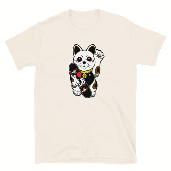 White T-shirt with a black and white lucky cat graphic.