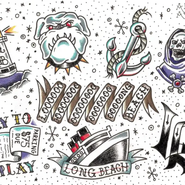 Traditional nautical tattoo designs including anchors, ships, and banners.