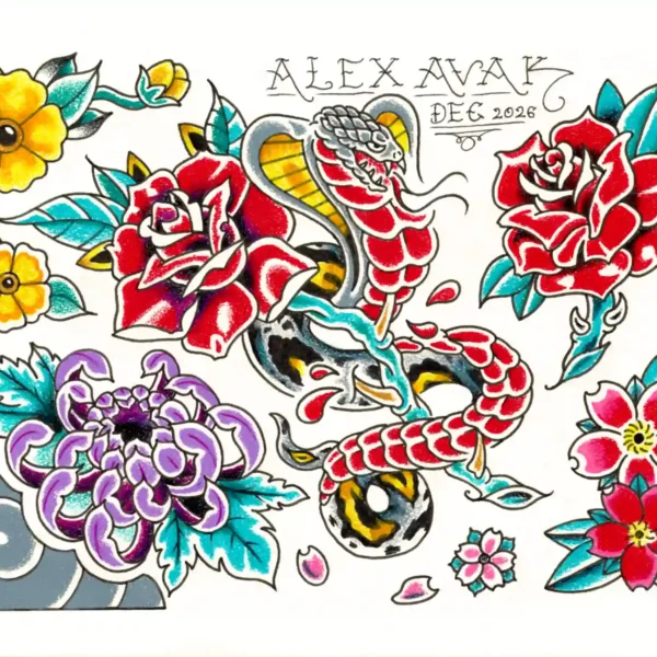 Colorful traditional tattoo designs including flowers and a snake.