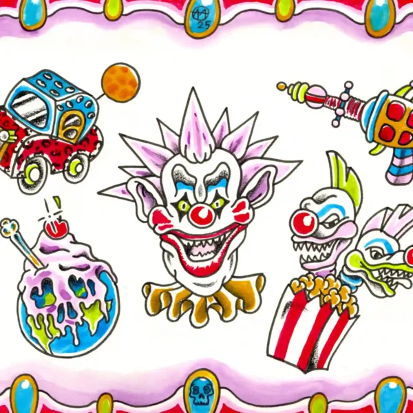 A colorful collection of circus-themed clown illustrations.