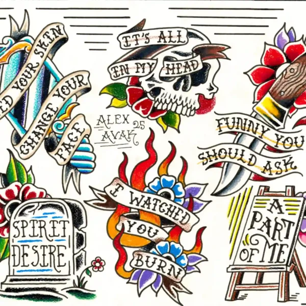 Traditional tattoo flash sheet with colorful designs and phrases.